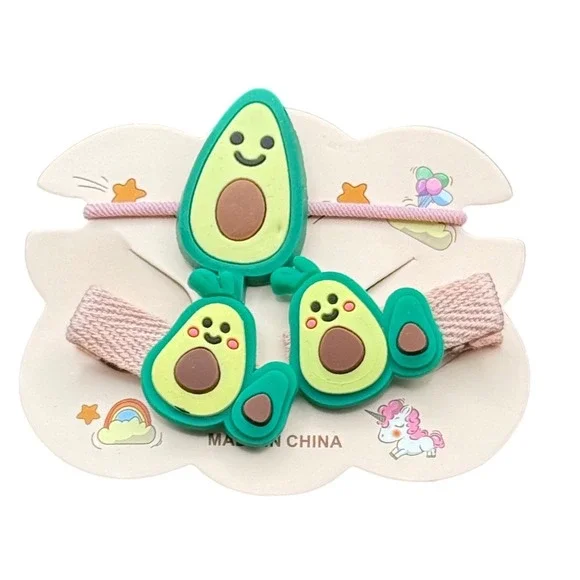 Kids Avocado Hair Accessory Set Pink Elastic Tie and Green Hair Clips 3pc