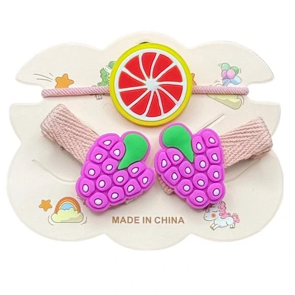 Kids Fruit Hair Accessory Set Pink Purple Grape Citrus Clips and Elastic Tie