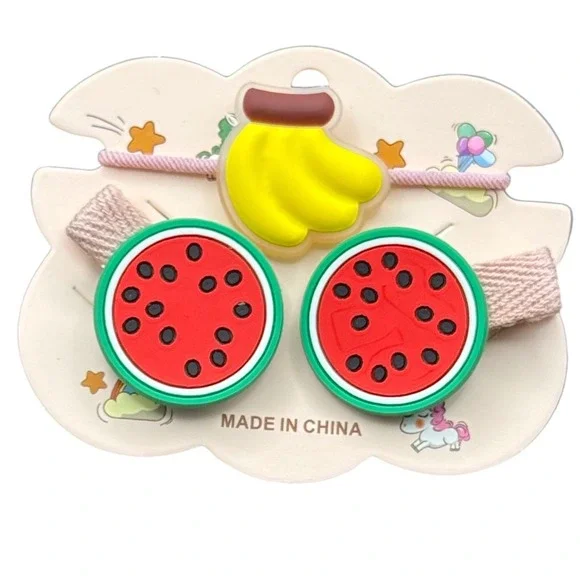 Kids Fruit Hair Accessory Set Watermelon Clips and Banana Elastic Pink Yellow