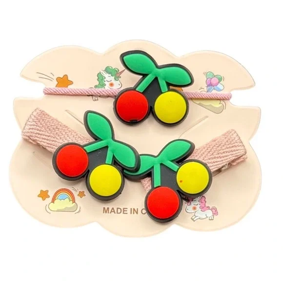 Kids Cherry Hair Clip and Elastic Set Pink Yellow Red Fruit Hair Accessories