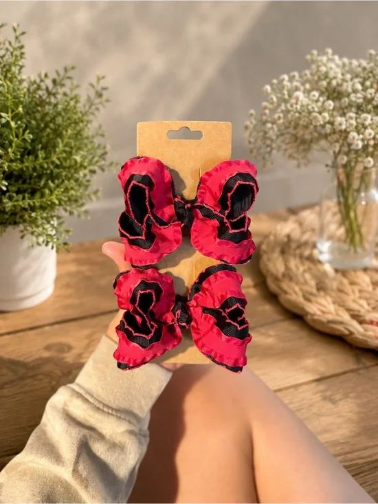 Girls Pink & Black Ruffle Bow Hair Clips - Set of 2