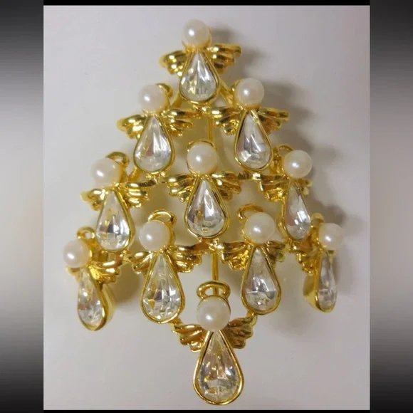 Vintage Signed BW Butler & Wilson Elegant Gold Angel ChristmasTree Pearl Brooch