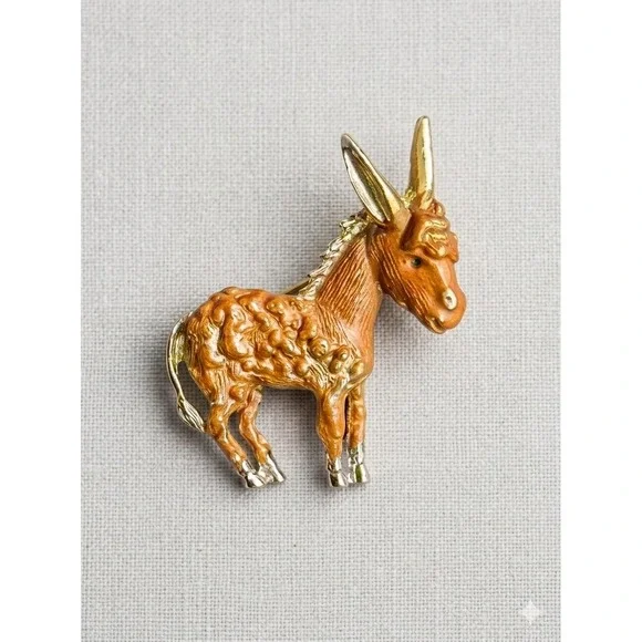 Vintage Donkey Brooch Gold Tone‎ Brown Enamel Animal Pin Mule Mascot Accessory