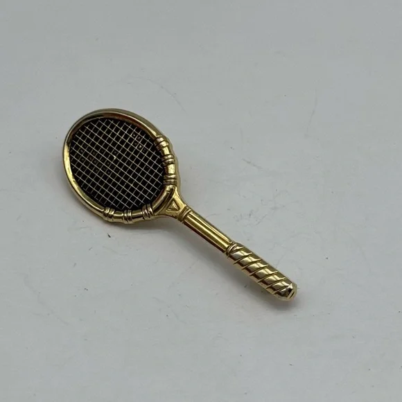 Ladies vintage gold tone tennis racket‎ lapel brooch pin pearl