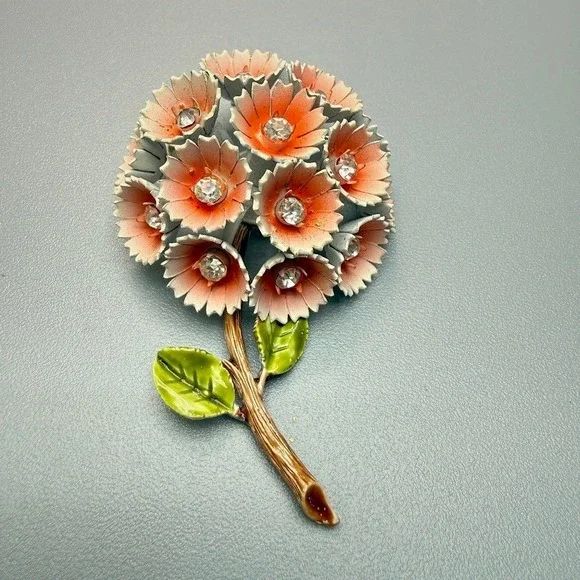 Vintage Corocraft Enamel Flower Brooch‎ Coral Color Rhinestones Spring Summer