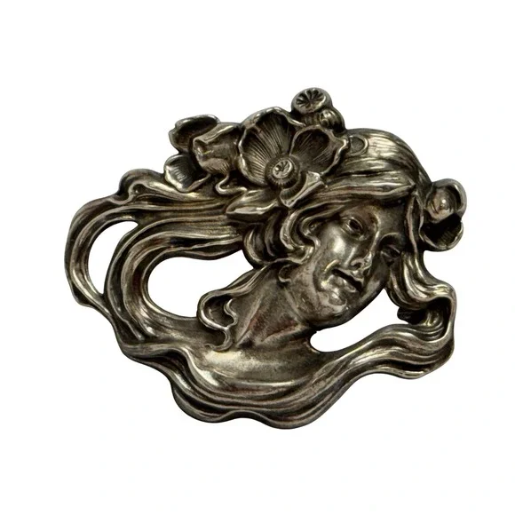 William Kerr Art Nouveau Sterling Silver lady hair flowing Pin Vtg 1297 signed‎