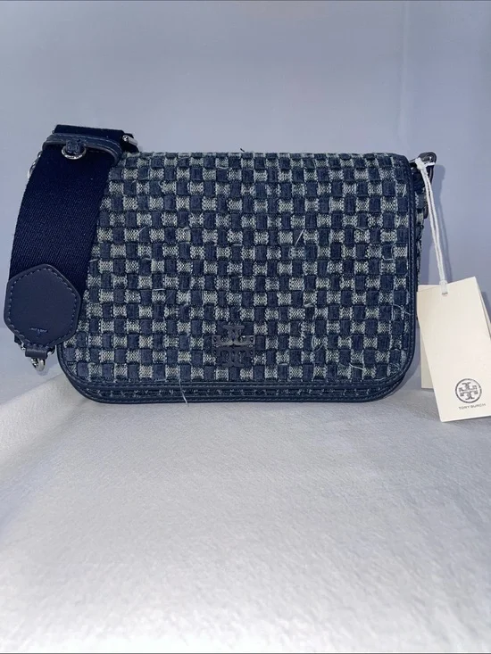 NWT Tory Burch Thea Denim Flap Crossbody Woven Blue 2 Straps