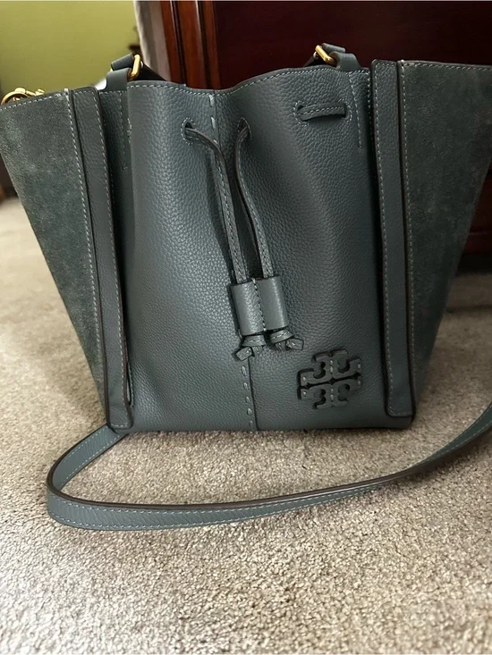 Tory Burch Slate Blue Leather & Suede Drawstring Bucket Crossbody