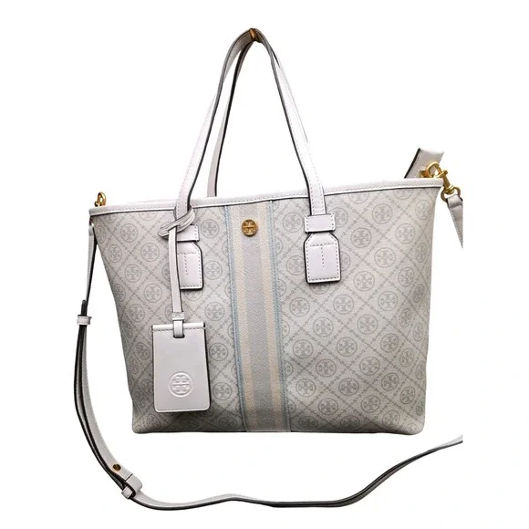 Tory Burch T Monogram Coated Canvas Tote White Gray Logo Crossbody Bag Luxury