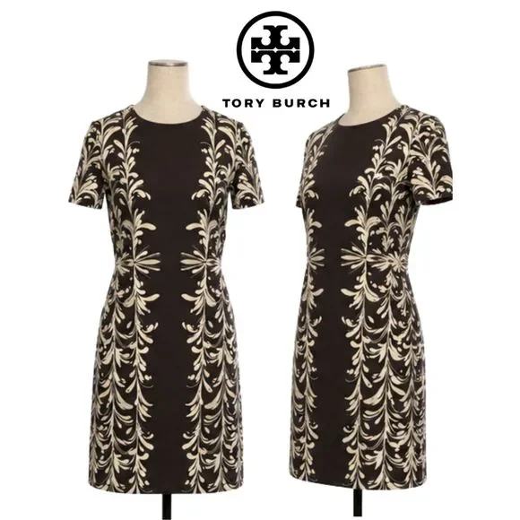 Tory Burch Printed Sheath Mini Dress XS Brown Ivory Short Sleeve Stretch
