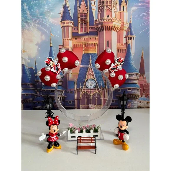 Mouse Red Pearl Polka Dot Bow Charm Hair Clips . 2pc