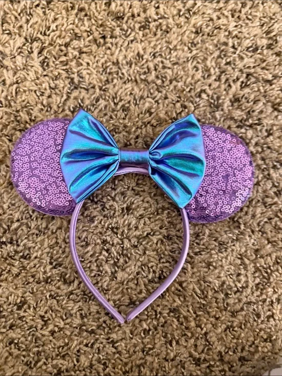 Disney Purple Sequin Minnie Ears Headband with Iridescent Blue Bow