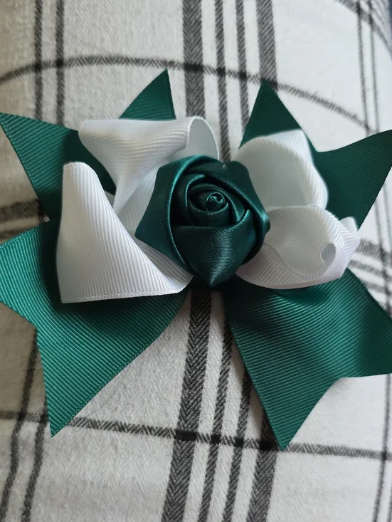 Green & White Satin Rose Hair Bow