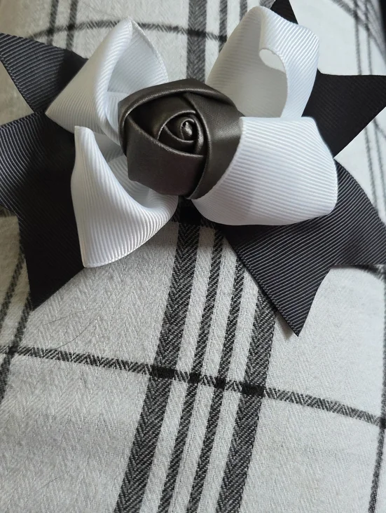 Black and White Ribbon Rose Hair Bow