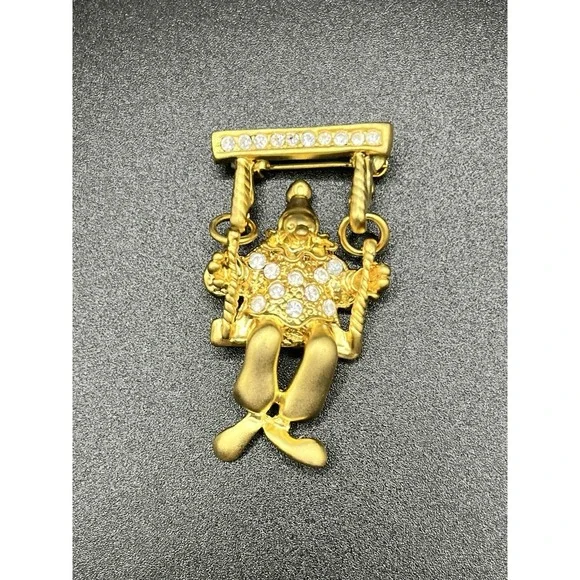 Gold Tone Clown on Swing Brooch Pin w/ Faux Diamonds‎ Vintage Articulated