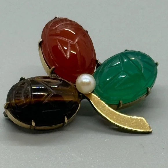 WRE Scarab Clover Brooch Carved Semi-Precious Stones 1/20 12kt Gold-Filled