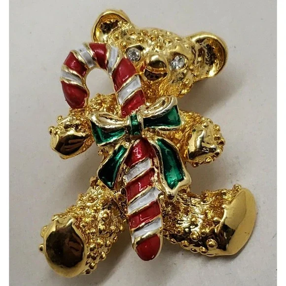 Vintage gold tone Christmas BEAR w/ rhinestone eyes enamel candy cane brooch pin