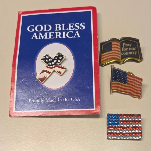God Bless America Patriotic Enamel Pin Lot Cross‎ Flag Pray for Our Country