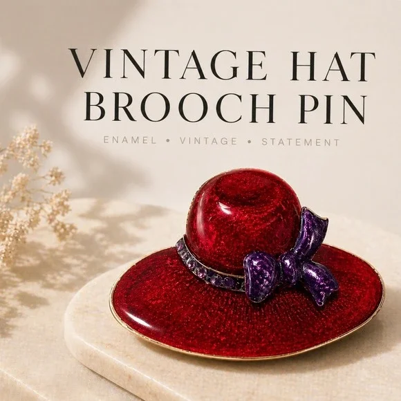 Vintage Red Hat Brooch Pin w/ Purple Bow | Enamel Statement Piece |‎ Retro Chic