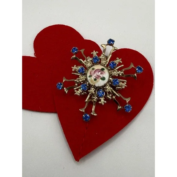 Gold-toned‎ rhinestone starburst brooch floral enamel design blue rhinestones.