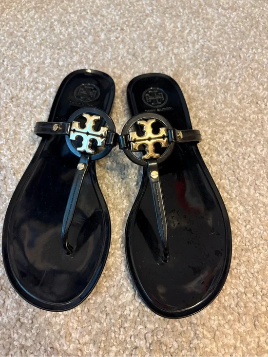 Tory Burch mini Miller Jelly Thong Sandals in Black with Gold Logo
