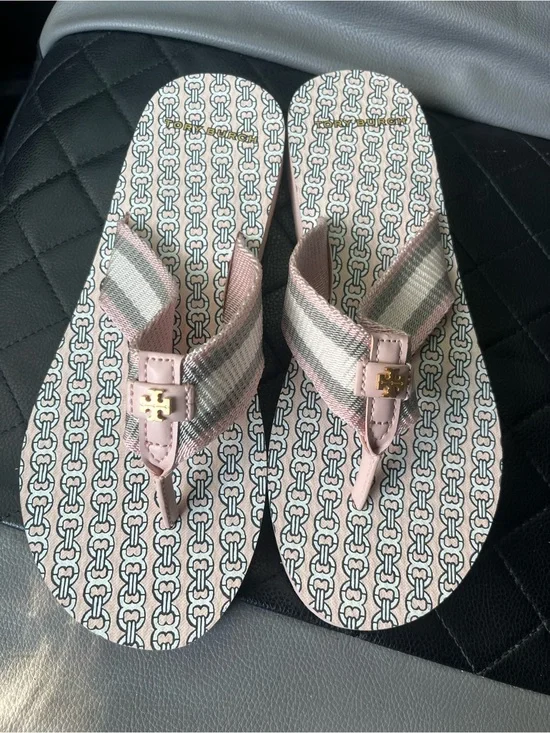 Tory Burch Pink & Cream And Grey Patterned Logo Thong Sandals