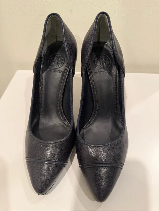 Tory Burch Dark Navy Pointed-Toe Leather Pumps
