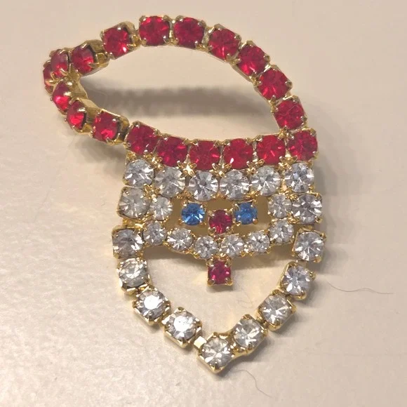 Vintage Rhinestone Santa Face Brooch Pin Festive Christmas Holiday‎ Gold Tone