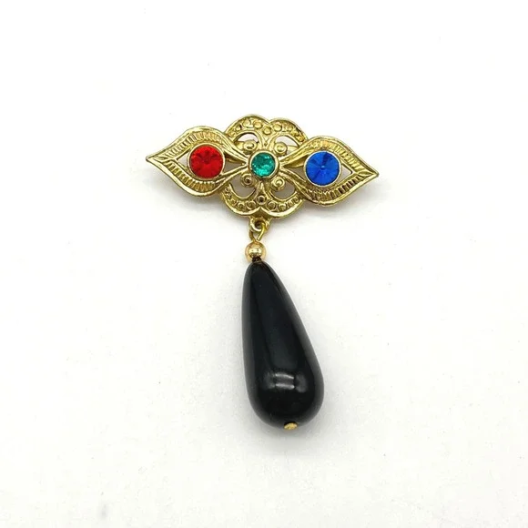 Vintage Gold Tone Brooch with Red‎ Blue Green Rhinestones Black Teardrop