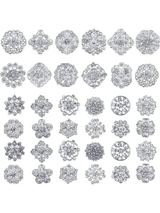 36 Clear Rhinestone Brooches - Crystal Flower Pins for Crafts & DIY Wedding