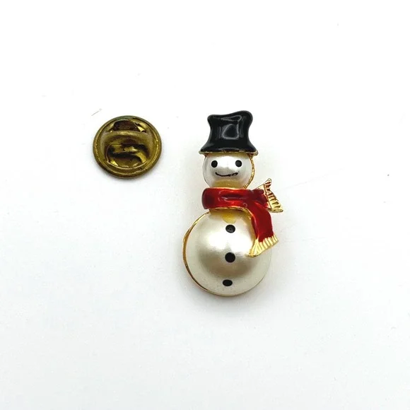 Snowman Holiday‎ Lapel Pin Faux Pearl Red Scarf Black Top Hat Gold Tone Small