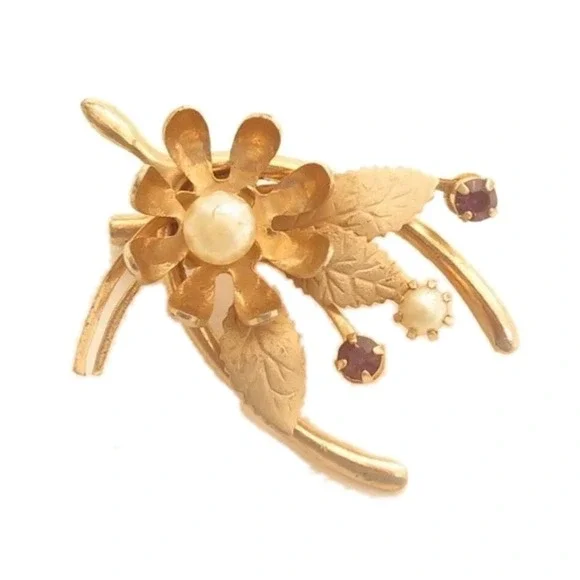 Vintage Rhinestone Faux Pearl Flower Gold Toned Wishbone‎ Pin