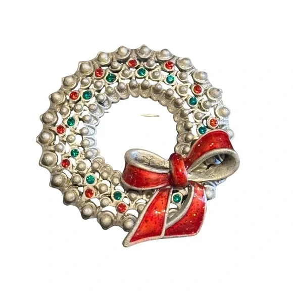 Vintage Enamel Christmas Wreath Brooch Red Bow Green Holly Rhinestones‎ 2