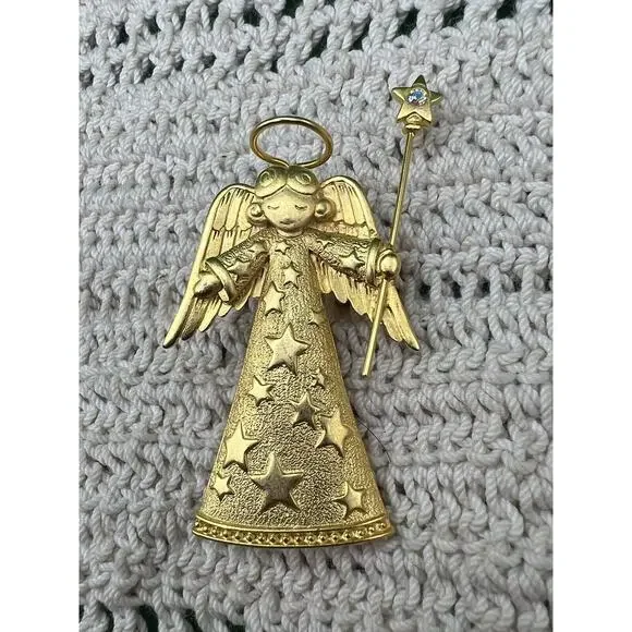 JJ Jonette Christmas Angel‎ w/Halo Star Wand AB Rhinestone Gold Tone Brooch Pin