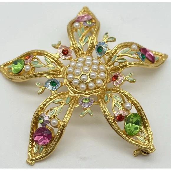 Vintage Rhinestone Pearl Brooch Signed Tiara Misu IV Pastel‎ Flower Gold Toned