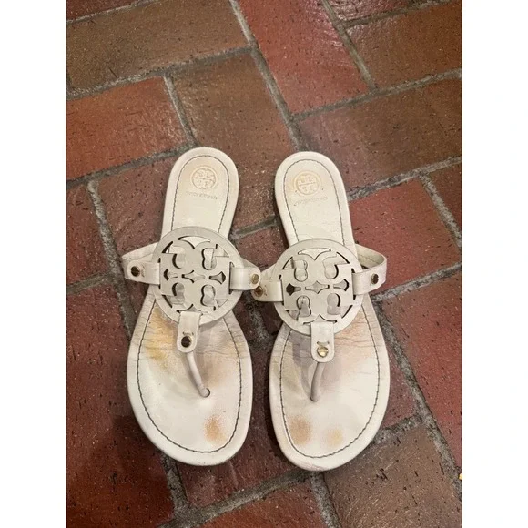Tory Burch Miller White Leather‎ Logo Thong Sandals 5930 K19 10M