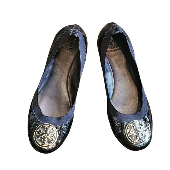 Tory Burch Flats Women's 9 Black Caroline Patent Leather Slip On Logo Designer