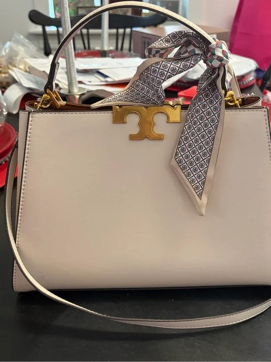 Tory Burch $700 Cream Eleanor Spazoletto Satchel with Gold Logo and Ribbon
