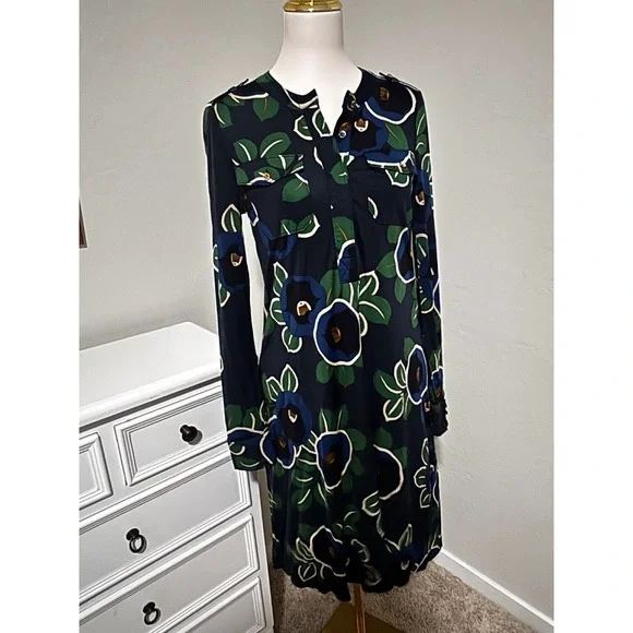 Tory Burch Navy Blue Floral Long Sleeve Shift Dress with Pockets Size Small