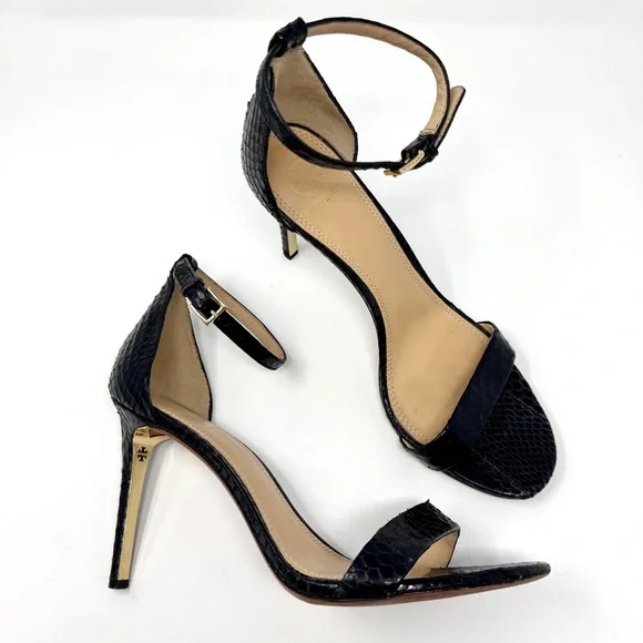 Tory Burch Keri Black Snakeskin Ankle Strap Stiletto Heels Sandals