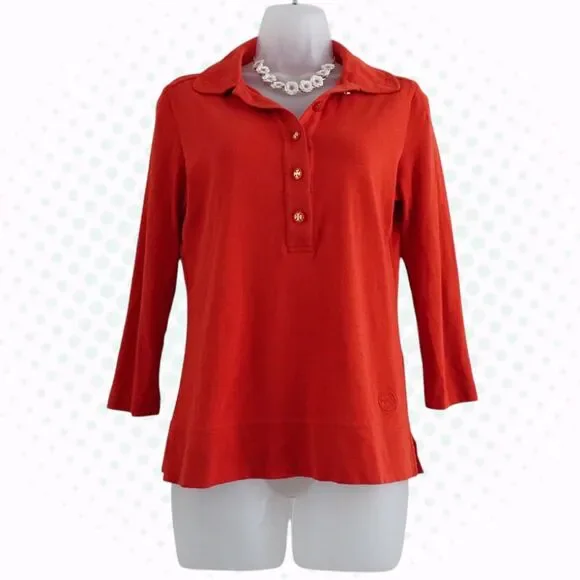 Tory Burch Red Orange 3/4 Sleeve Button Down Collared Polo Shirt Blouse Size S