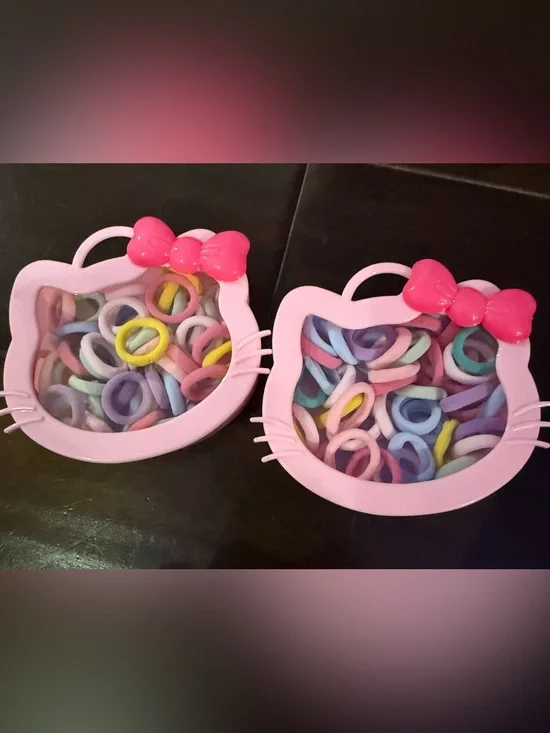 New Pink Kitty-Shaped Hair Tie Case with Pastel Elastics (one case)