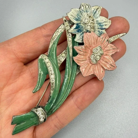 Vintage Pot Metal Enamel Flower Rhinestone Brooch 3.5