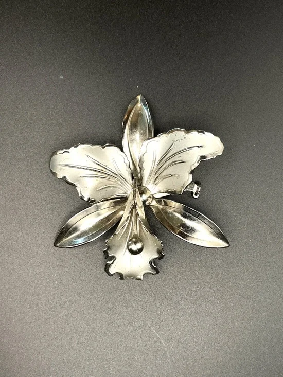 Vintage Mid-Century Silver Tone Orchid Pin Brooch