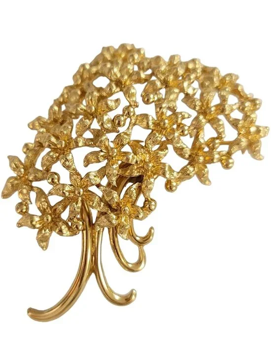 Monet Gold Tone Cluster Flower Bunch With Ribbon Bow Tie Brooch Pin, Signed K941