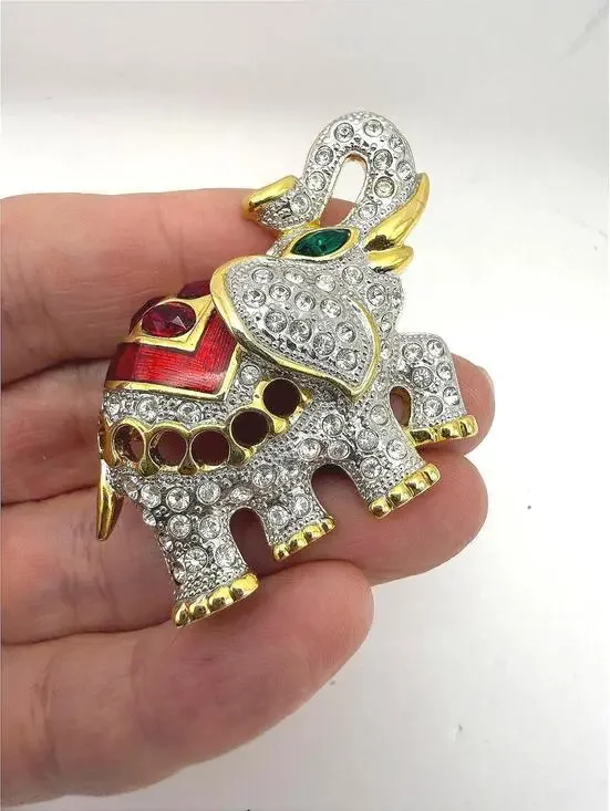 Vintage Elephant Brooch with Rhinestones and Enamel Detailing