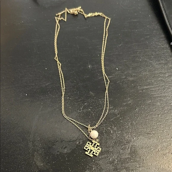 Tory Burch- Double strand Gold and Pearl Pendant Necklace, 18”
