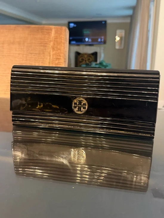 Tory Burch Black Patent Ribbed Clutch with Gold Logo