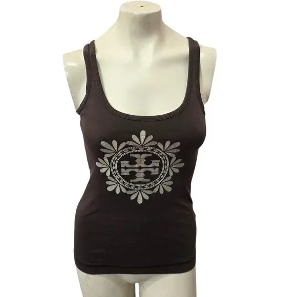 Tory Burch Brown Logo Graphic Pima Cotton Tank Top Womens Small Sleeveless Peru