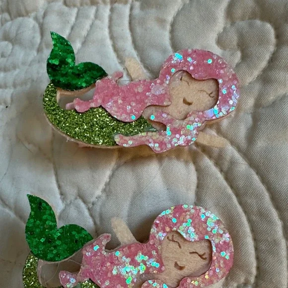 Pink Green Glitter Mermaid Hair Clips Felt Alligator Accessory Set of 2